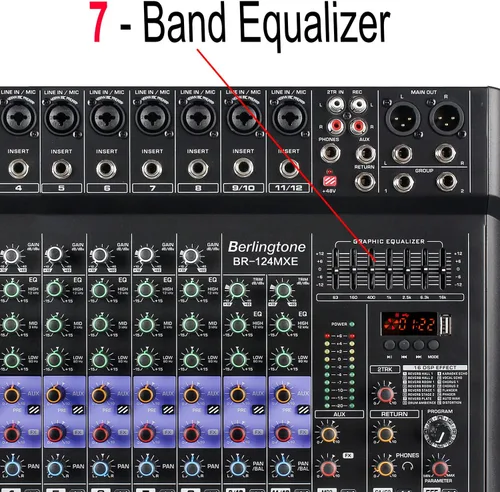 Vista 3 de Mezclador de audio profesional Bluetooth de 12 canales, consola de sonido DJ, grabación MP3 USB, conector de micrófono XLR, 7 bandas, ecualizador
