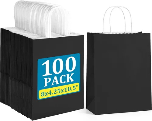 Vista 7 de BagDream Bolsas de regalo negras de 8 x 4.25 x 10.5 pulgadas, 100 bolsas de papel kraft con asas a granel para bodas, recuerdos de fiesta
