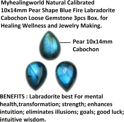 Vista 6 de Natural Calibrated 10x14mm Pear Shape Blue Fire Labradorite Cabochon Loose Gemstone 3pcs Box. for Healing Wellness and Jewelry Making.