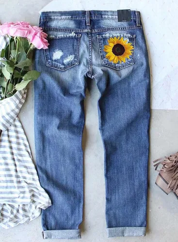 Vista 3 de Astylish - Jeans ajustados de mezclilla para mujer, desgastados, elásticos, con parches a cuadros, rasgados, con agujeros, estilo masculino