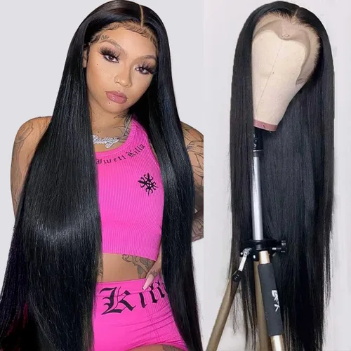 Vista 14 de Mengkai Pelucas de 28 pulgadas de encaje frontal liso de cabello humano, sin pegamento, prearrancadas con cabello de bebé, 13x4 de oreja a oreja