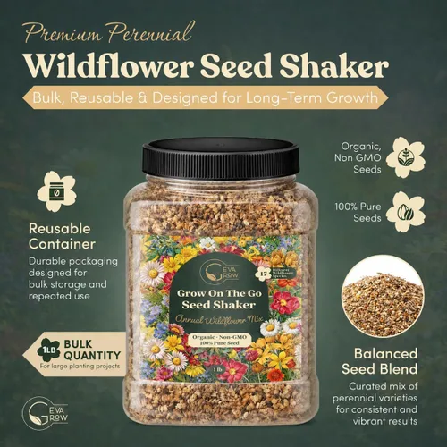 Vista 2 de Agitador de semillas de flores silvestres – Mezcla anual de GevaGrow 17 variedades de semillas de flores para plantar en macetas y jardines al