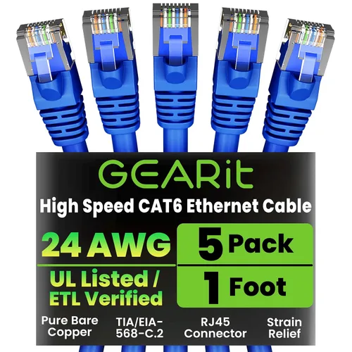 Vista 41 de GEARit Cables de conexión Cat6 de 1 pie negro (paquete de 5) Cables de conexión Cat 6 de 1 pie, cable de conexión negro/Ethernet, 10Gbps 550MHz