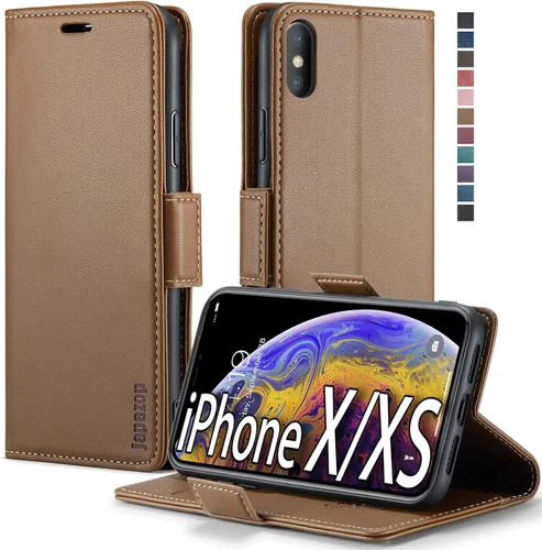 Vista 23 de japezop Funda tipo cartera compatible con iPhone Xs/iPhone X con tarjetero y bloqueo RFID, funda de cuero suave con soporte magnético y funda Negro