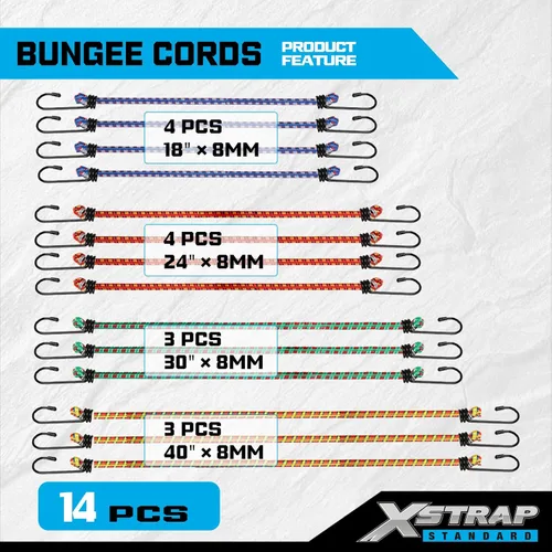 Vista 3 de XSTRAP STANDARD Kit de 14 piezas de cuerda elástica estándar – Incluye cuerdas elásticas de 18, 24, 30 y 40 pulgadas con ganchos