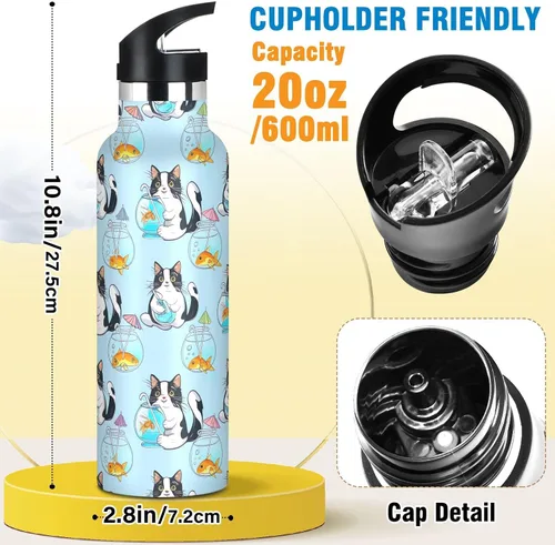 Vista 2 de Kids Water Bottle with Straw for School 20 Oz Water Bottle Insulated for Boys Girls, BPA-Free, Cute Cats Goldfish Light Blue