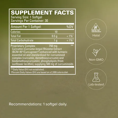 Vista 5 de Terry Naturally CuraMed 750mg - Pain & Inflammation Relief - 30 Count BCM-95, Curcumina. Apoyo a la salud del cerebro, el corazón y el hígado. 30