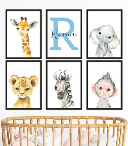 Vista 16 de Juego de 3 carteles personalizados de animales de safari para habitación de niños y niñas, sin marco, nombre personalizado, azul, verde, amarillo