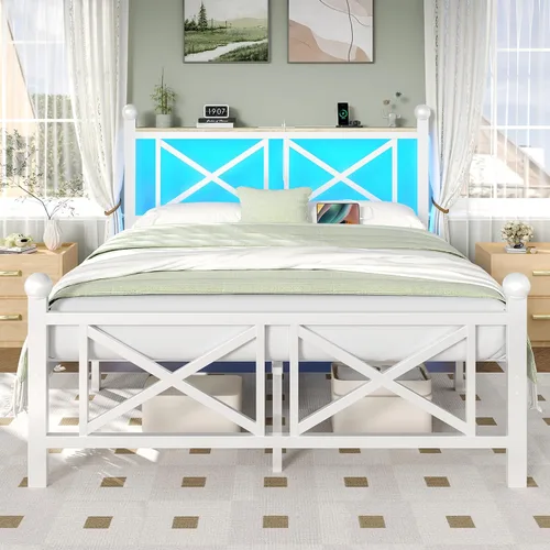 Vista 10 de DynJest Base de cama negra de tamaño individual con luces LED, cama de metal resistente con cabecera y piecero, estante de almacenamiento con Negro