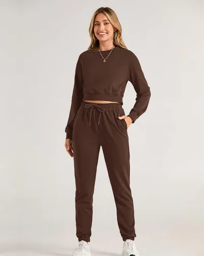 Vista 80 de BTFBM Conjunto deportivo de 2 piezas para mujer, camiseta corta de manga larga, sin botones, pantalón con cordón ajustable, pantalones deportivos