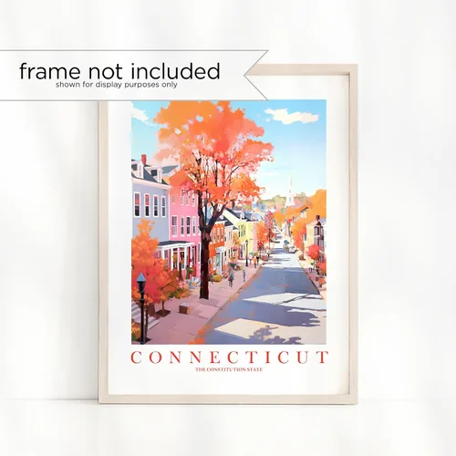 Vista 2 de ColorAndFlair Connecticut Travel Print Constitution State Souvenir CT Naturaleza, rosa, naranja, verde azulado, arte de pared, póster de paisaje