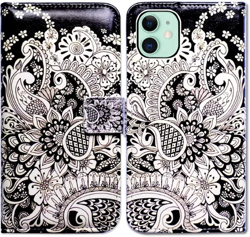 Vista 16 de Bcov Funda para iPhone 11, funda de piel con tapa y función atril para iPhone 11, diseño de flores y mariposas azules