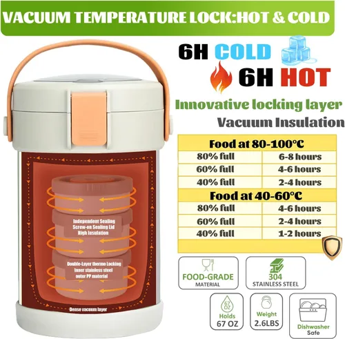 Vista 4 de Termo de 67 oz/2L para comida caliente, termo de sopa aislado al vacío de acero inoxidable 304, lonchera térmica a prueba de fugas con 3 cajas Bento