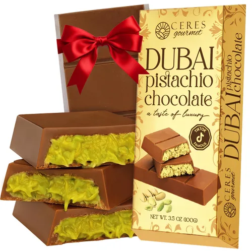 Vista 10 de Ceres Gourmet Barra de chocolate oscuro Dubai Pistachio Knafeh 3.5 oz