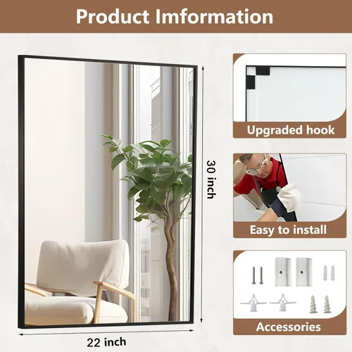 Vista 5 de Espejo de baño negro de 22"x30", espejo rectangular con marco de metal negro mate, espejo de tocador con esquinas cuadradas, espejo para pared