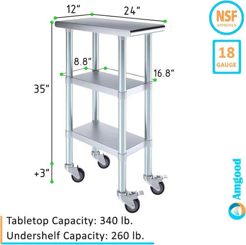 Vista 3 de AmGood Stainless Steel Work Table with 2 Shelves and Casters Metal Utility Table On Wheels
