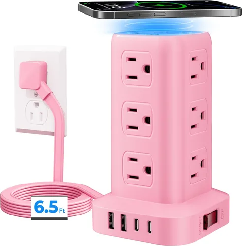 Vista 9 de Regleta de alimentación con 12 tomas, 4 USB (1 USB C), cable de extensión de 6.5 pies con múltiples tomas, estación de carga, torre de regleta