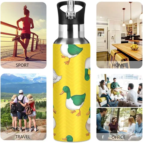 Vista 5 de BPA-Free Sport Water Bottle Insulated 32 Oz, Insulated Stainless Steel Water Bottle with Straw for Gym Outdoor Travel School, Green White Ducks