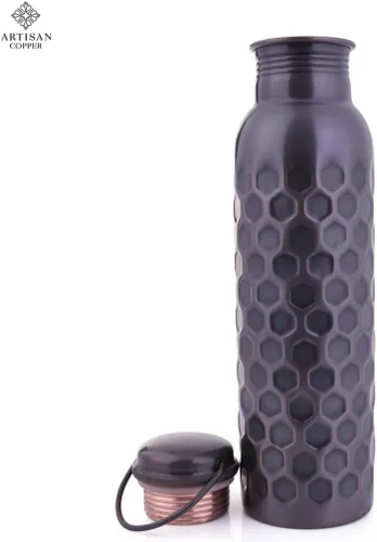 Vista 9 de Artisan - Botella de agua ayurvédica de cobre de 32 onzas, hecha a mano, 100% cobre puro, botella martillada para beber con cepillo de madera, a
