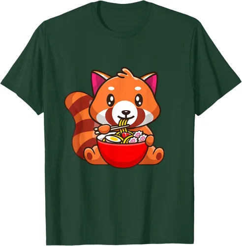 Vista 39 de Camiseta Kawaii Anime Red Panda Eating Ramen Noodles, Negro, S