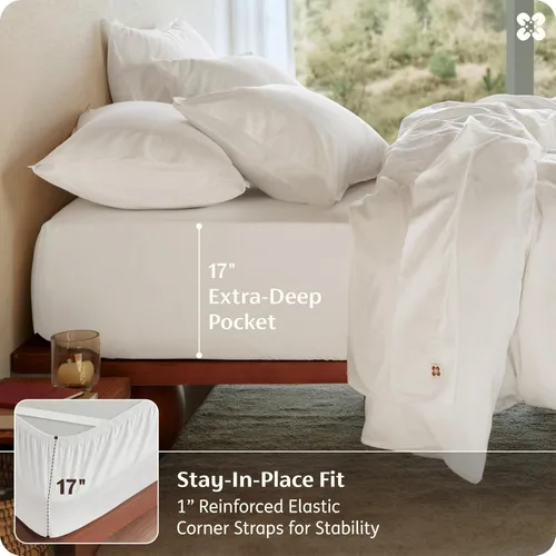 Vista 5 de Bedsure PureWoven - Sábanas de algodón orgánico 100% certificado GOTS, sábanas de tamaño matrimonial, sábanas de bolsillo profundo de 16 pulgadas