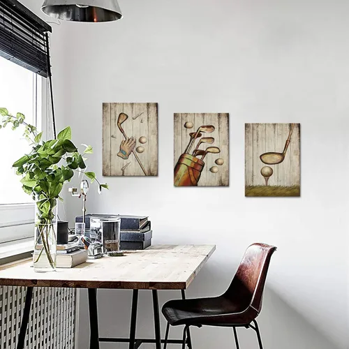Vista 8 de SkenoArt Arte de pared deportivo de 3 piezas, diseño vintage de pelotas de golf, impresiones de cuadros, póster marrón, lienzo, obra de arte, hogar