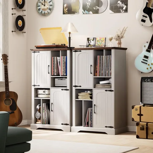 Vista 7 de Maupvit Soporte grande para tocadiscos, armario de almacenamiento de discos de vinilo blanco de granja de 47 pulgadas con puertas de granero