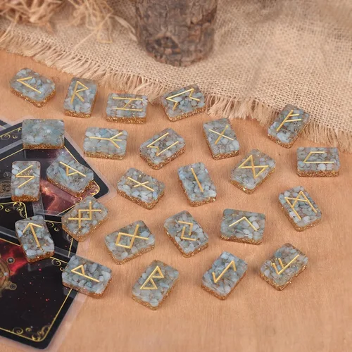 Vista 4 de Rockcloud Juego de piedras runas de cristal de aguamarina de resina, letras grabadas del alfabeto Futhark de anciano para reiki, curación de Azul