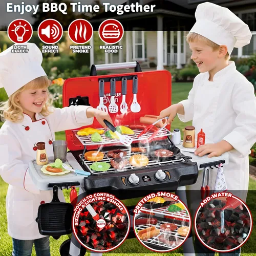 Vista 2 de Juguetes de cocina para niños, juego de parrilla de barbacoa para niños con humo, sonido y luz, juguete de barbacoa de 2 niveles con rueda, juguetes
