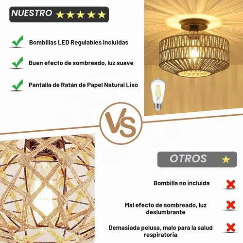 Vista 6 de Lámpara bohemia para techo, lámpara de techo de ratán con bombilla LED regulable, mini lámpara de araña tejida a mano para pasillo, dormitorio Gris