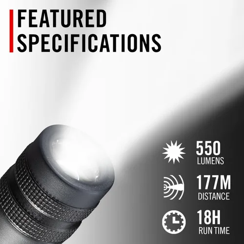 Vista 2 de Coast GX10 - Linterna LED compacta y resistente al agua de 550 lúmenes con doble alimentación, mango con textura de agarre, 4 modos de luz, enfoque