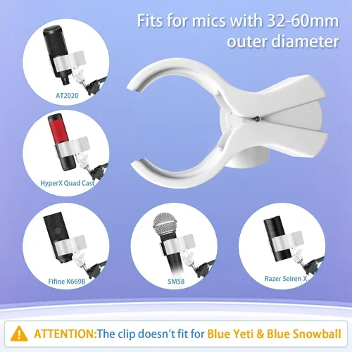 Vista 7 de BILIONE 1 pieza de clip versátil para micrófono, soporte ajustable para micrófonos con diámetro exterior entre 32mm y 60mm, con adaptador de Blanco