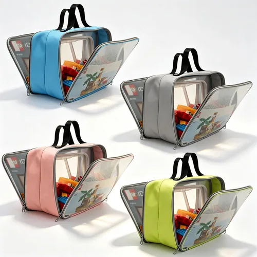 Vista 12 de 4 bolsas plegables de almacenamiento de juguetes, bolsas de conchas marinas de gran capacidad para la playa, bolsa de almacenamiento portátil