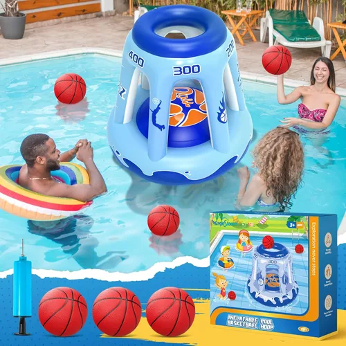 Vista 8 de EagleStone Aro inflable de baloncesto para niños y adultos, aro de baloncesto flotante de 47 pulgadas para piscina con 3 bolas, bomba, juego de agua