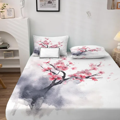 Vista 2 de Juego de sábanas de 3 piezas con estampado de flor de cerezo de tamaño individual, sábanas y fundas de almohada de estilo japonés Sakura, sábana