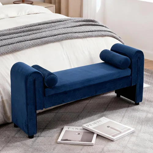 Vista 8 de Banco de terciopelo para dormitorio al pie de la cama, banco otomán tapizado con botones capitoné de 60.5 pulgadas con brazos curvos, otomán