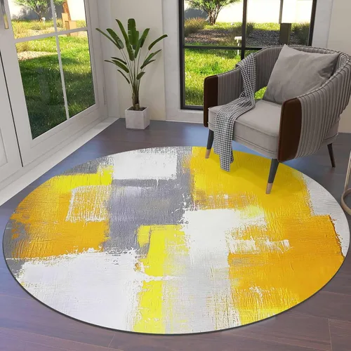 Vista 2 de Libaoge Alfombra redonda amarilla de 3 pies para cuarto de bebé, alfombra abstracta moderna y contemporánea, alfombra de yoga para niños y niñas