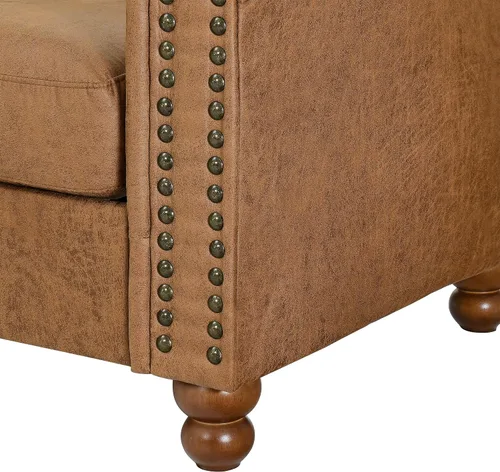 Vista 5 de Sofá de dos plazas de cuero aireado capitonado, sofá de brazo enrollado con adornos de cabeza de clavo y 2 almohadas de cuello enrollado, decoración