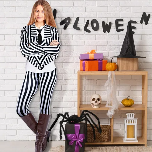 Vista 6 de SATINIOR Traje de Halloween a rayas verticales blancas y negras para mujer, pantalones de longitud con chaqueta de corbata