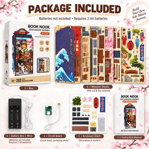 Vista 5 de Edo Sakura Journey - Kit de bricolaje de madera 3D con luz LED, inserto de estantería de flor de cerezo y decoración de sujetalibros