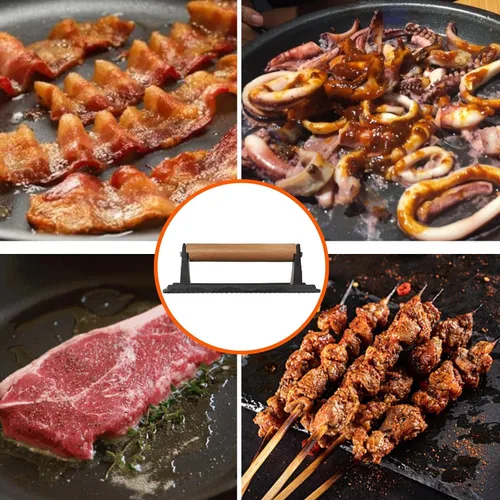 Vista 7 de onlyfire Prensa para carne de hierro fundido con mango de madera, ideal para exprimir la grasa de carnes, aplanar tocino, paninis y hamburguesas