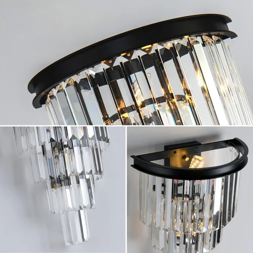 Vista 5 de Aplique de pared de cristal negro, moderno K9 de 4 niveles, lámpara de pared de cristal transparente para sala de estar, dormitorio, espejo