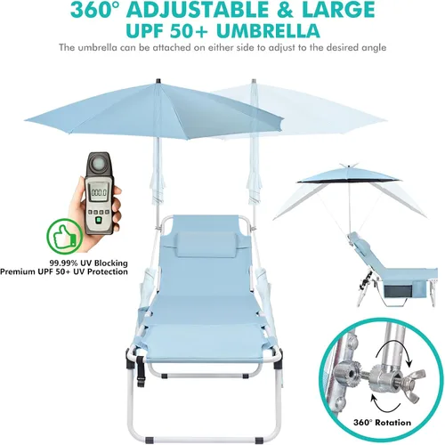 Vista 10 de Silla de bronceado con paraguas UPF 50+ ajustable, tumbona plegable resistente para exteriores, reclinable, 5 posiciones, para tomar el sol, tomar