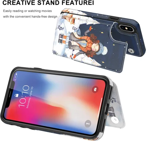 Vista 4 de LETO Funda para iPhone X, funda para iPhone Xs, funda de piel tipo cartera con diseños de moda para niñas y mujeres, funda tipo folio con ranuras