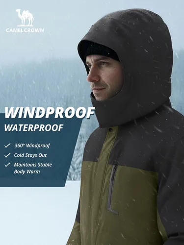 Vista 2 de CAMEL CROWN Chaqueta de Esquí de Invierno para Hombre Abrigos de Nieve de Montaña Impermeable Capucha Desmontable Resistente al Viento Chaquetas