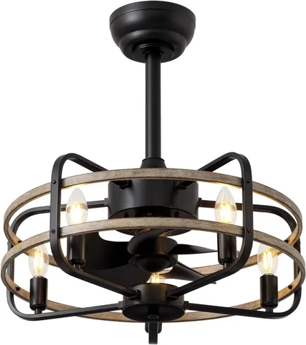 Vista 9 de NOXARTE Ventilador de techo enjaulado de 20 pulgadas con luz y control remoto, montaje empotrado vintage estilo granja fandelier de 6 velocidades