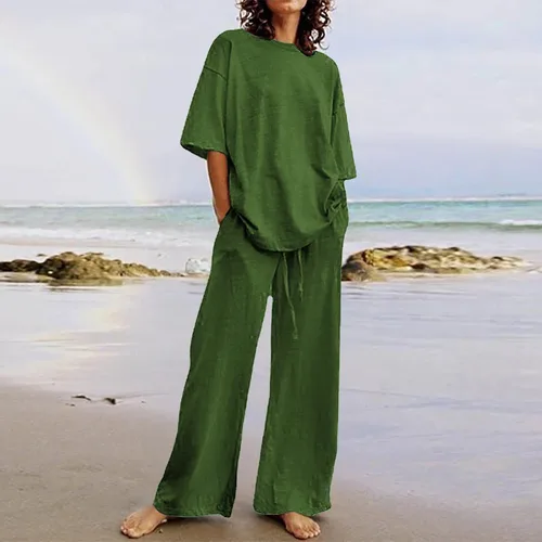 Vista 4 de Conjuntos de verano de 2 piezas para mujer, conjuntos elegantes y casuales de color liso, para verano, otoño, cuello redondo, tops y pantalones