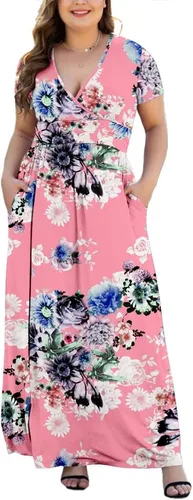 Vista 14 de Maxi vestido casual para mujer, diseño de manga corta con cuello en V y bolsillos, tallas L-5XL A01-negro