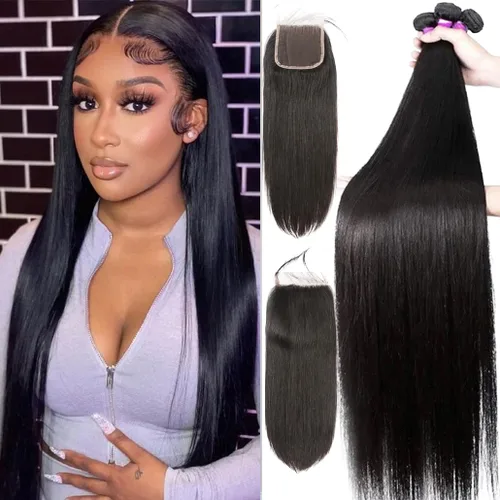 Vista 27 de Younsolo Paquetes de pelo lacio brasileño, cabello humano virgen 100% sin procesar, color negro natural, 4 paquetes, 12, 14, 16 y 18 pulgadas