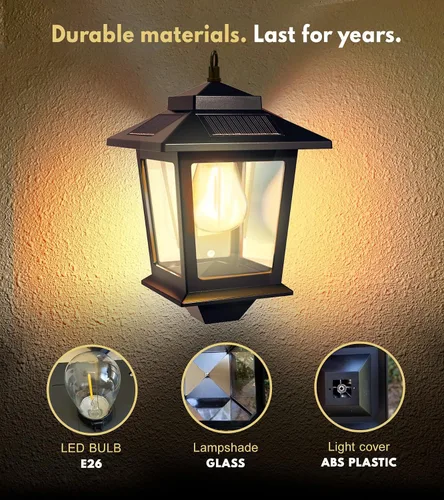 Vista 5 de PASAMIC Paquete de 2 faroles solares de pared, luces colgantes para exteriores con 4 paneles solares, aplique de pared LED del atardecer al Negro